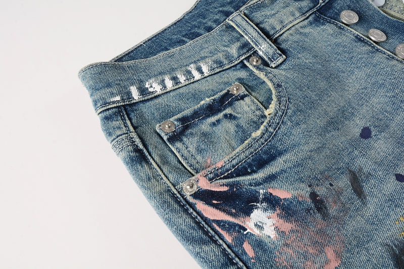 PURPLE Men Streetwear Skinny Jeans Light Blue Wash with Multi-Color Paint Splatter and Distressed Rips 9072
