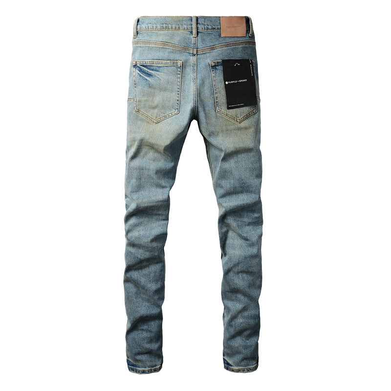 PURPLE Men Streetwear Skinny Jeans Light Blue Wash with Distressed Ripped Knee Details 9076
