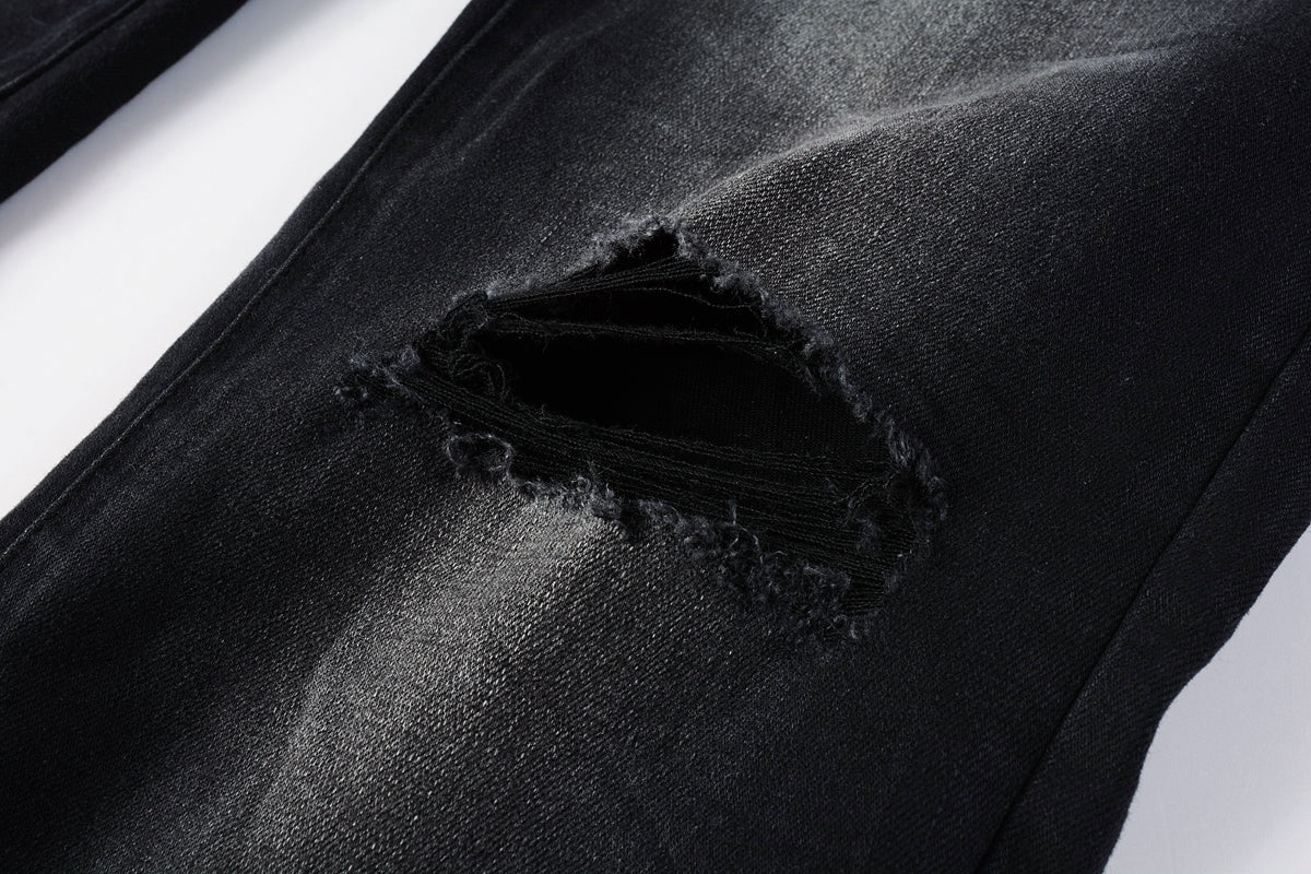 PURPLE Men Streetwear Skinny Jeans Black Fade Wash with White Paint Splatter and Distressed Rips 9002
