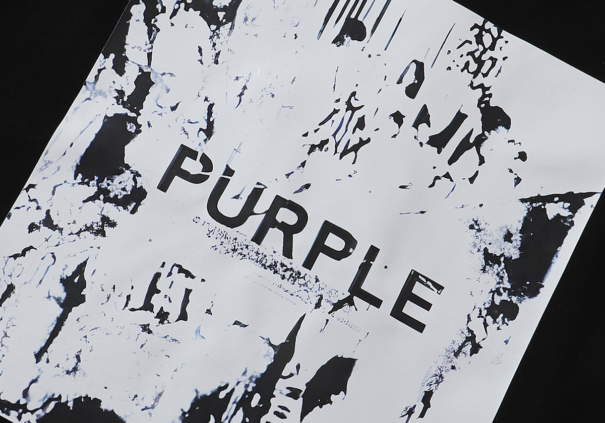 PURPLE Men Streetwear Short Sleeve Tee Black & White with Purple Brand Abstract Figure Print