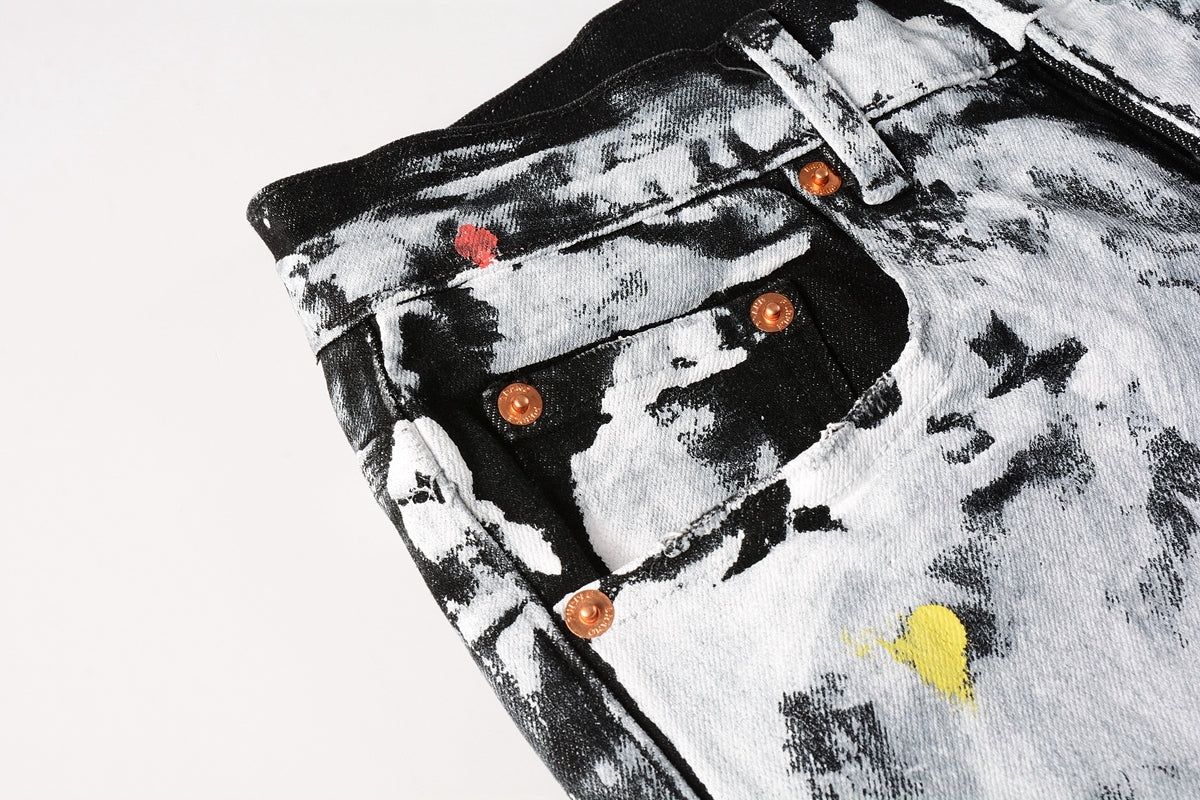 PURPLE Men Streetwear Skinny Jeans Black and White Graffiti Wash with Multi - Color Paint Accents 9020