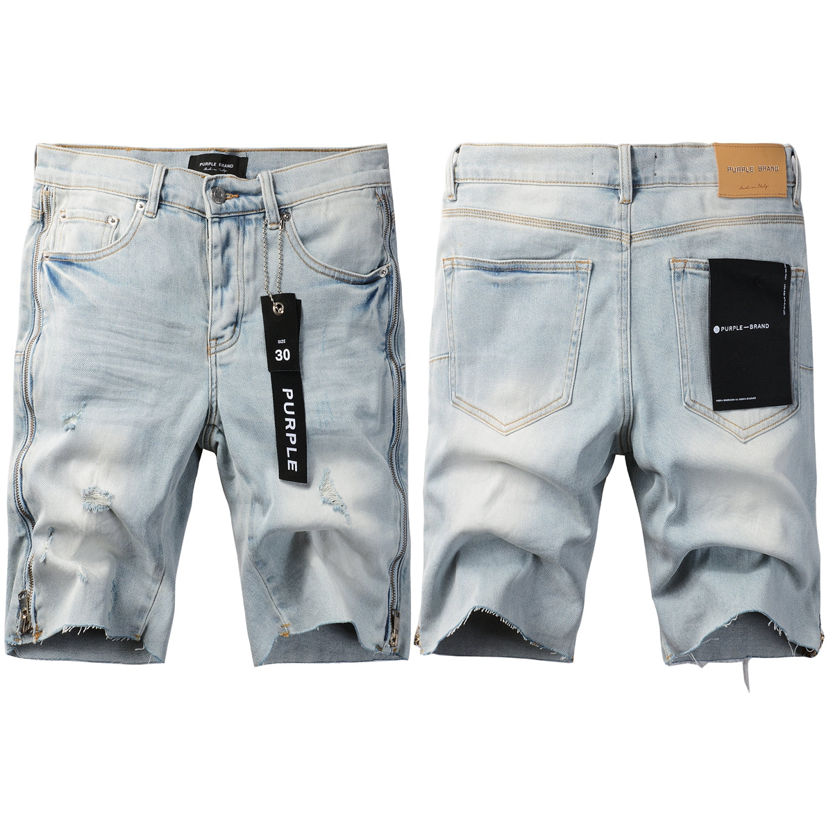 PURPLE Men Streetwear Denim Shorts Light Blue Wash with Side Zipper and Distressed Raw Hem 5086