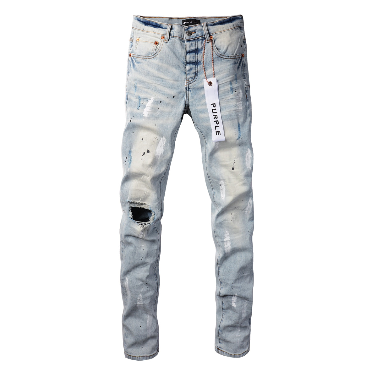 PURPLE Men Streetwear Skinny Jeans Light Blue Wash with White Paint Splatter and Subtle Distress 9006