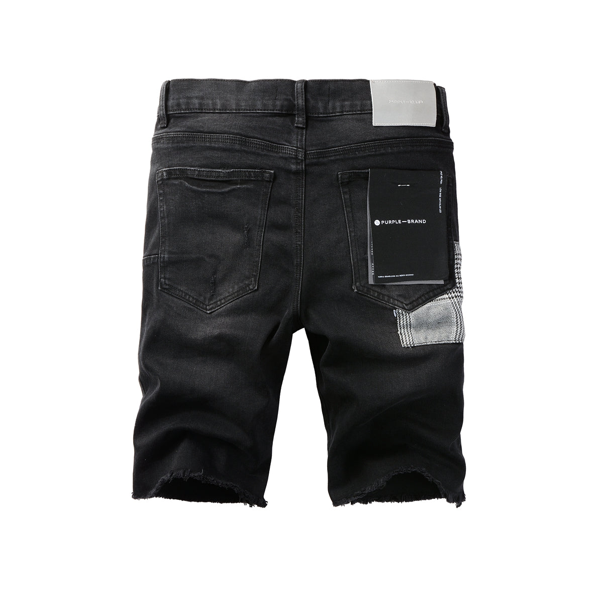 PURPLE Men Streetwear Denim Shorts Black Wash with Distressed Rips and Plaid Patches 5001
