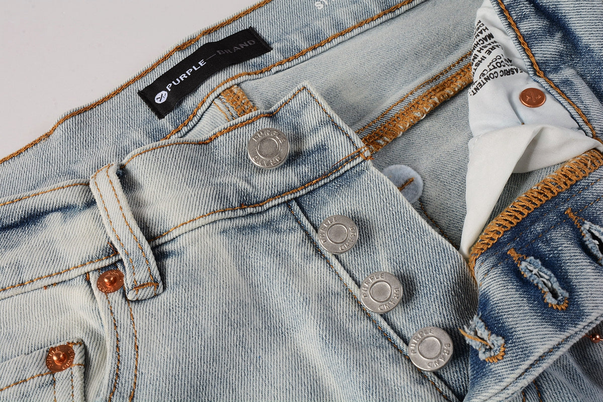 PURPLE Men Streetwear Skinny Jeans Light Blue Wash with White Brushstroke Texture 7017