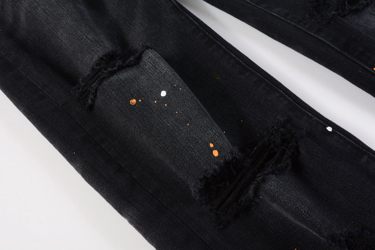 PURPLE Mens Jeans - Distressed Black Denim with Knee Slit and Ripped Hole 9045