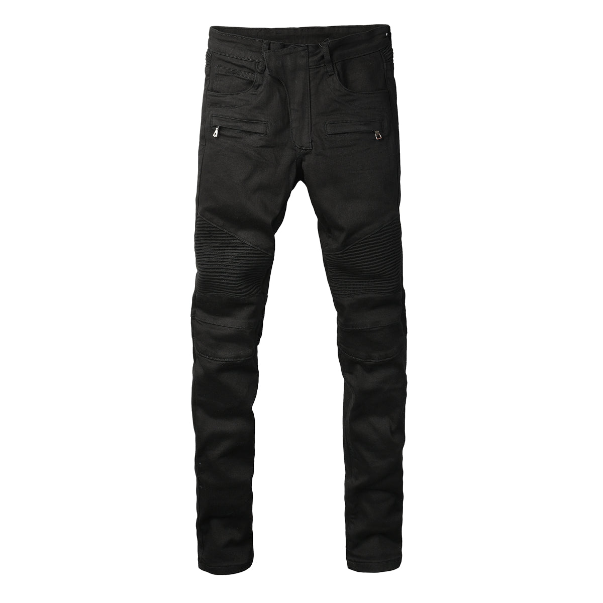 PURPLE Men Streetwear Biker Skinny Jeans Black with Knee Pleats and Zipper Pockets 0964