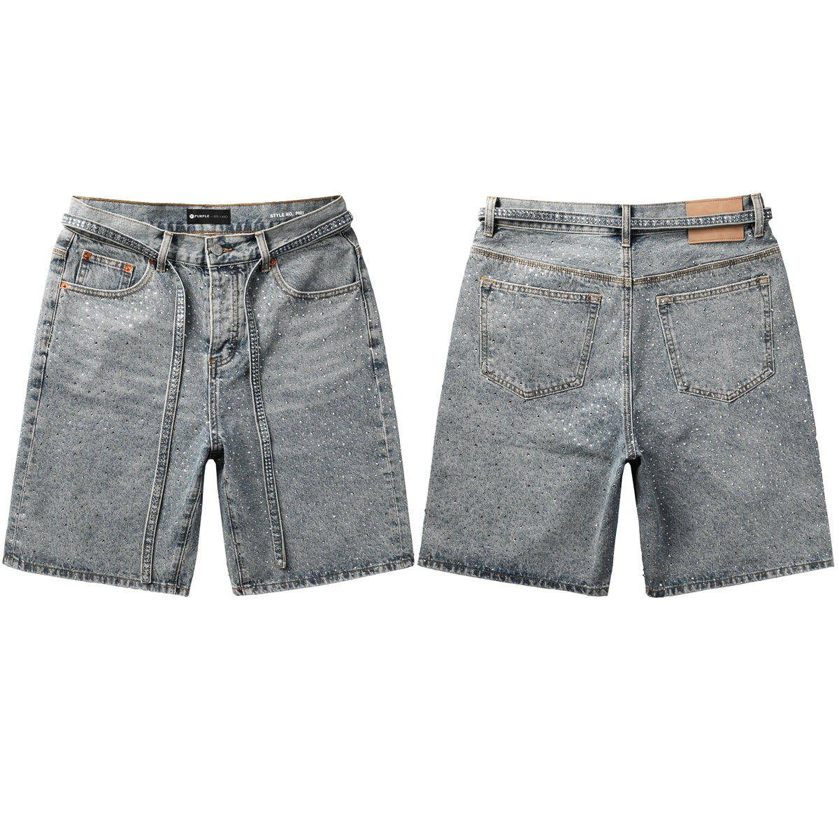 PURPLE Men Streetwear Straight Denim Shorts Grey Wash with Rhinestone Speckles and Seam Accents 5096