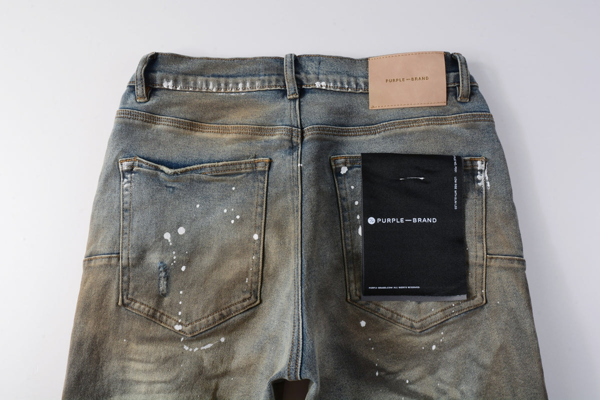 PURPLE Men Streetwear Denim Shorts Brownish Wash with White Paint Splashes and Distressed Raw Hem 5012