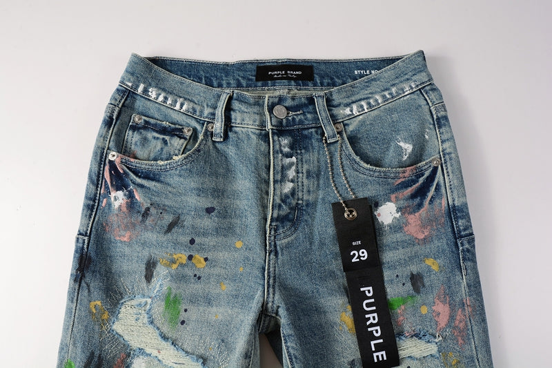 PURPLE Men Streetwear Skinny Jeans Light Blue Wash with Multi-Color Paint Splatter and Distressed Rips 9072