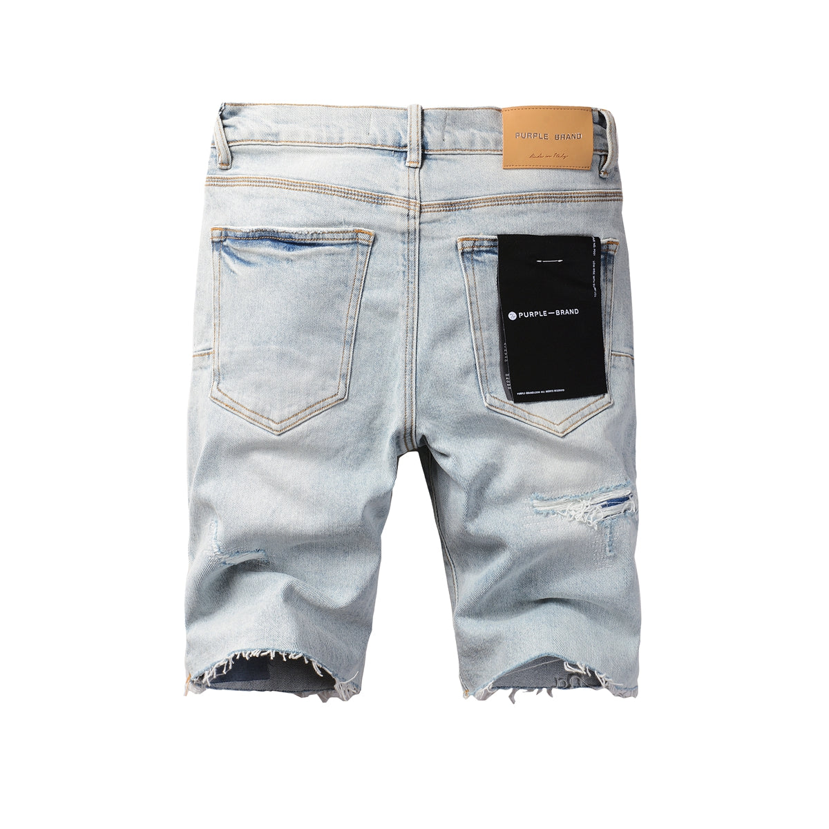 PURPLE Men Streetwear Denim Shorts Light Blue Wash with Distressed Rips and Raw Hem 5088