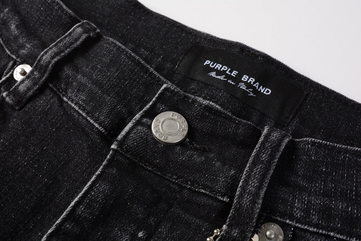 PURPLE Men Streetwear Denim Shorts Black Wash with Colorful Feather Print and Raw Hem 5085