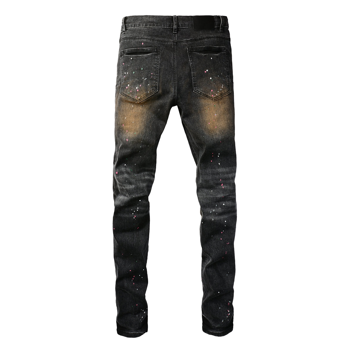 PURPLE Men’s Black Skinny Jeans with Rust-Toned Wash and Multicolor Paint Splatter Artistic Distressed Street 9109
