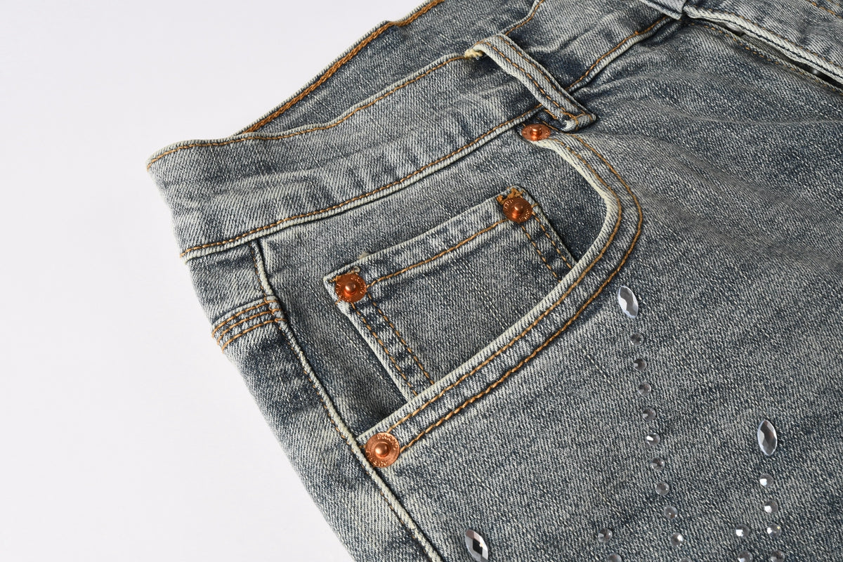 PURPLE Men Streetwear Light Blue Denim Shorts with Radial White Rhinestone Designs 5093