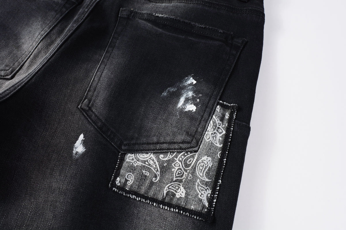 PURPLE Men Streetwear Jeans Distressed Black Paint Splash Patch Ripped skinny 9099