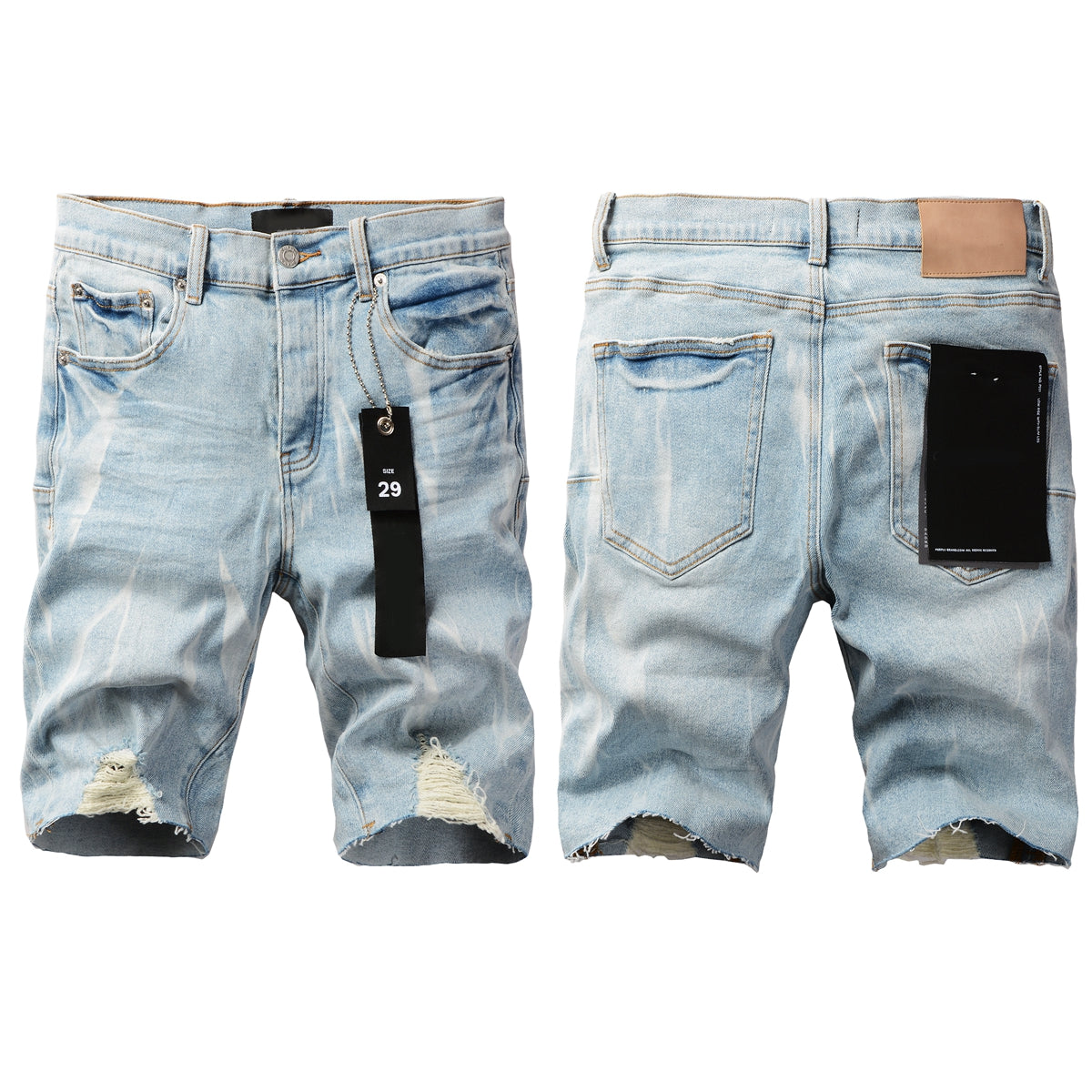 PURPLE Men Streetwear Denim Shorts Light Blue Wash with White Distressed Patches and Raw Hem 5069