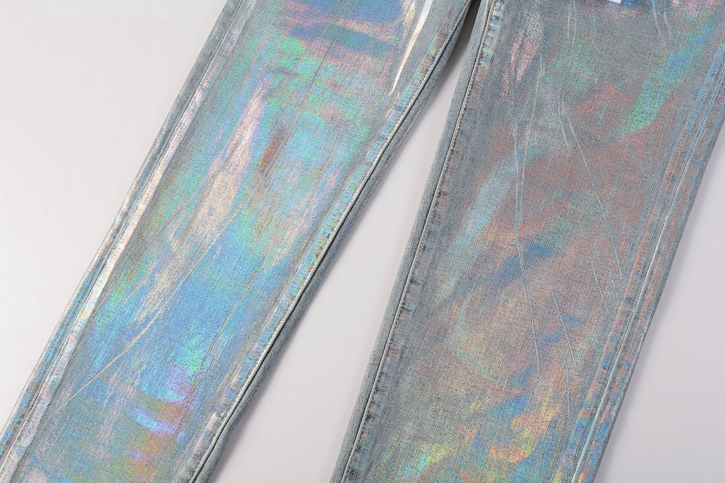 PURPLE Men Streetwear Skinny Jeans Light Blue Wash with Holographic Iridescent Finish 9005