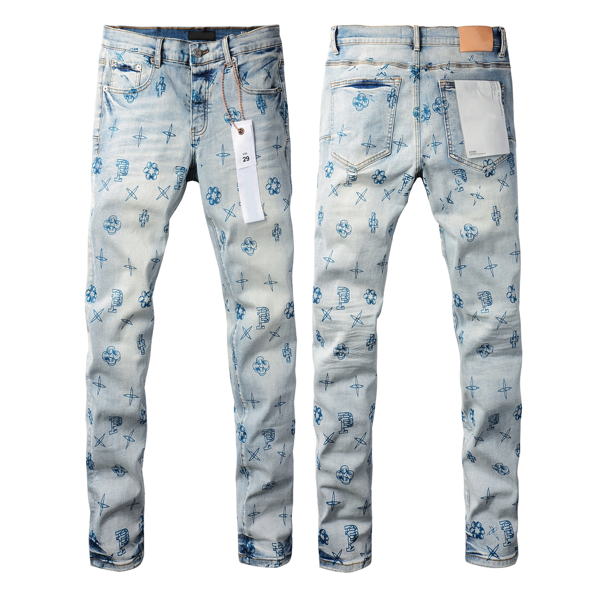 PURPLE Men Streetwear Skinny Jeans Light Blue Wash with White Paint Brush Strokes 9063