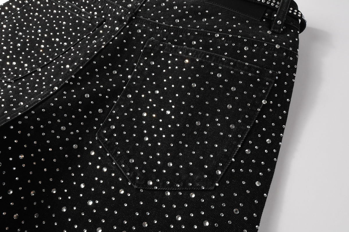 PURPLE Men Streetwear Black Denim Shorts with Allover Rhinestone Studs and Zipper Details 5095