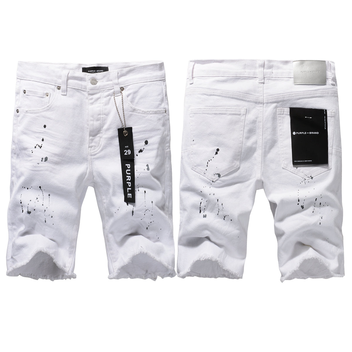 PURPLE Men Streetwear Denim Shorts White Wash with Black Paint Splatter Print and Raw Hem 5021