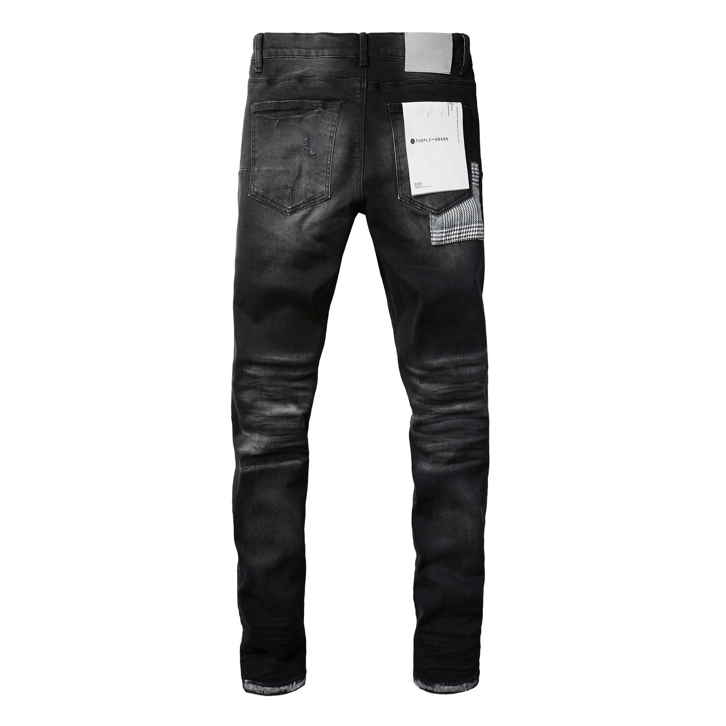 PURPLE Men Streetwear Skinny Jeans Black Wash with Distressed Rips, Checkered Patches and White Paint Splatter 9001