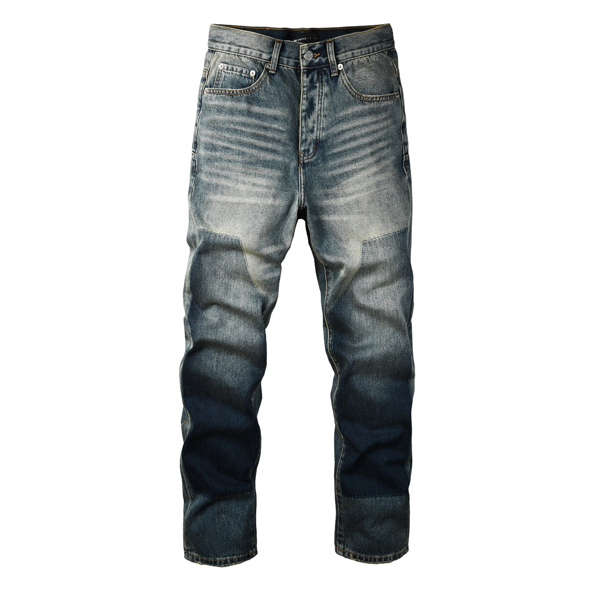 PURPLE Men Vintage Streetwear Straight Jeans Blue Washed with Whisker Fade and Contrast Panels PU9120