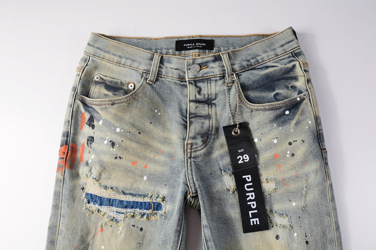 PURPLE Men Streetwear Skinny Jeans Light Gray Wash with Multi-Color Paint Splatter and Distressed Patches 9071