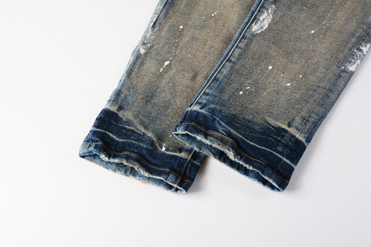 PURPLE Men Streetwear Skinny Jeans Light Blue Wash with Distressed Rips and White Paint Splatter 9012