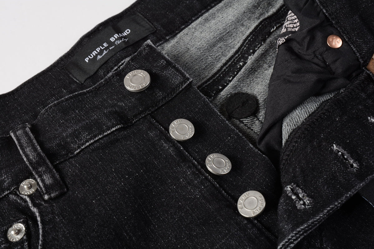 PURPLE Men Streetwear Denim Shorts Black Wash with Colorful Feather Print and Raw Hem 5085