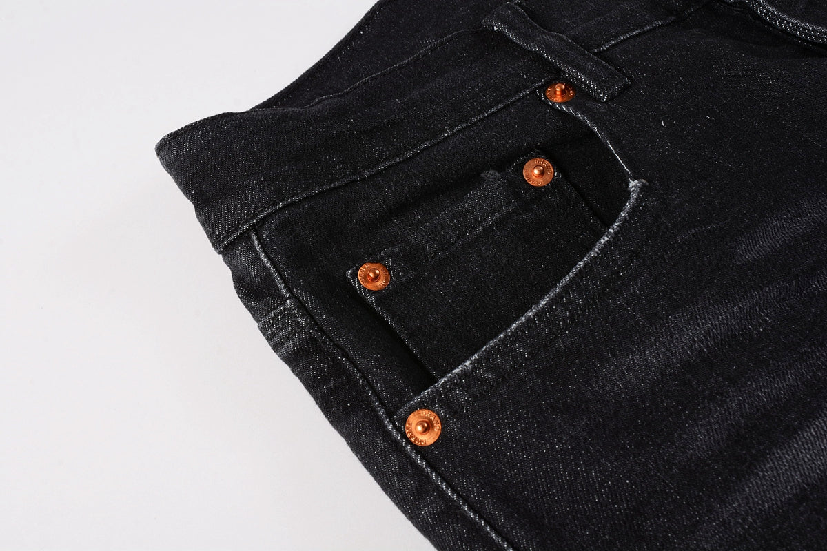 PURPLE Men Streetwear Skinny Jeans Black Wash with Knee Rips and White Paint Specks 9035