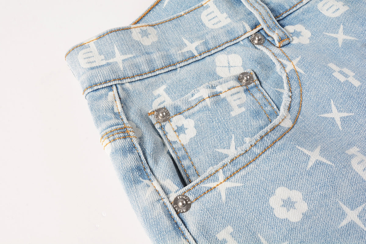 PURPLE Men Streetwear Denim Shorts Light Blue Wash with White Geometric Print and Raw Hem 5089