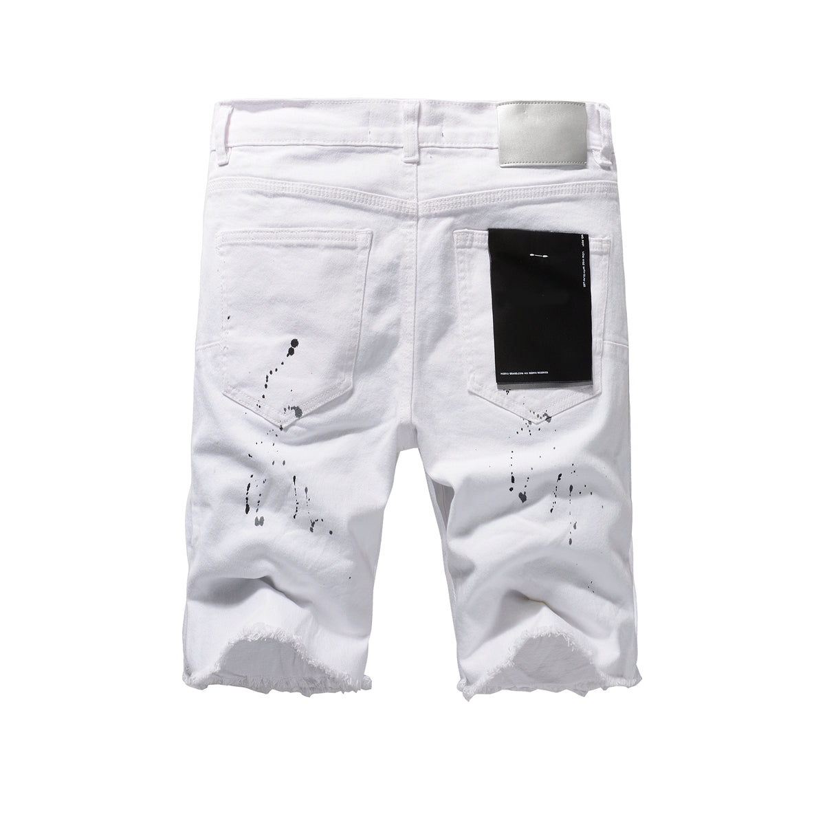 PURPLE Men Streetwear Denim Shorts White Wash with Black Paint Splatter Print and Raw Hem 5021