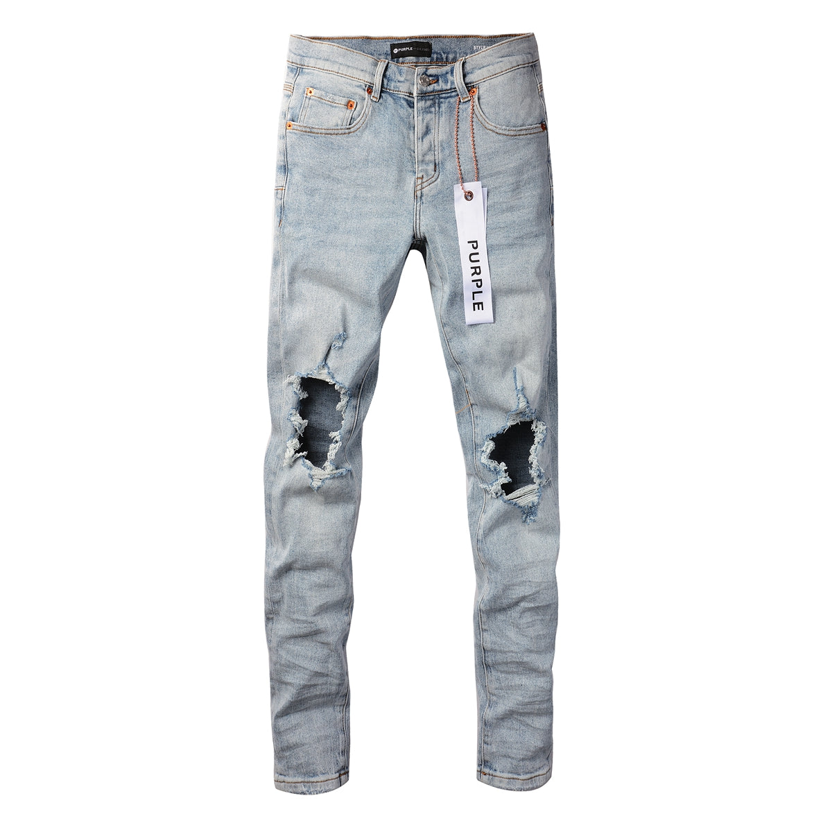 PURPLE Men Streetwear Skinny Jeans Light Blue Wash with Knee Ripped Details and Black Lining 9010