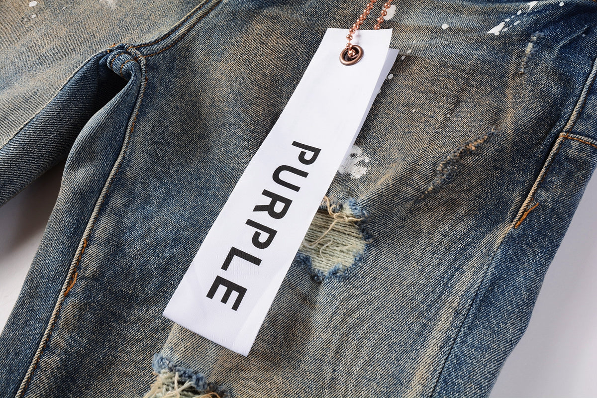 PURPLE Men Streetwear Skinny Jeans Light Blue Wash with Distressed Rips and White Paint Splatter 9012