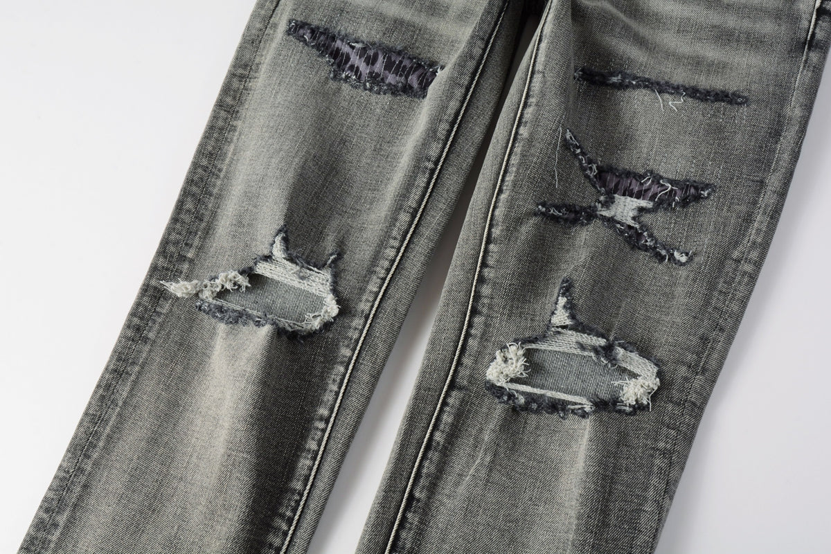 PURPLE Men Classic Streetwear Jeans Distressed Black Grey Ripped skinny 9068