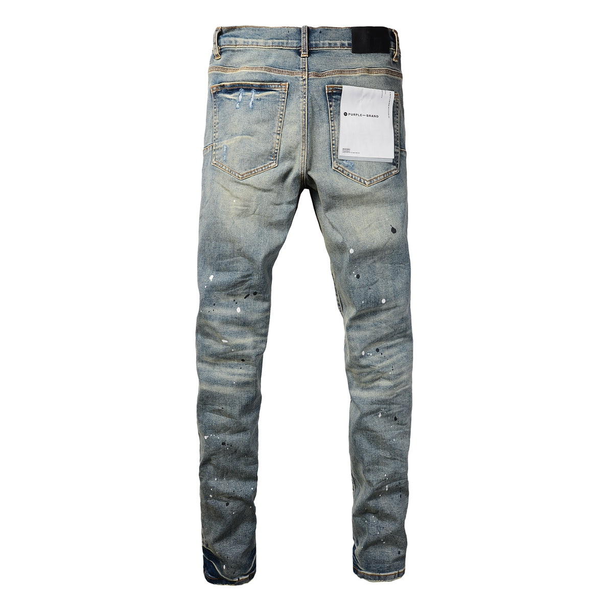 PURPLE Men Streetwear Skinny Jeans Light Blue Wash with Blue Patched Rips and White Paint Splatter 9050-1