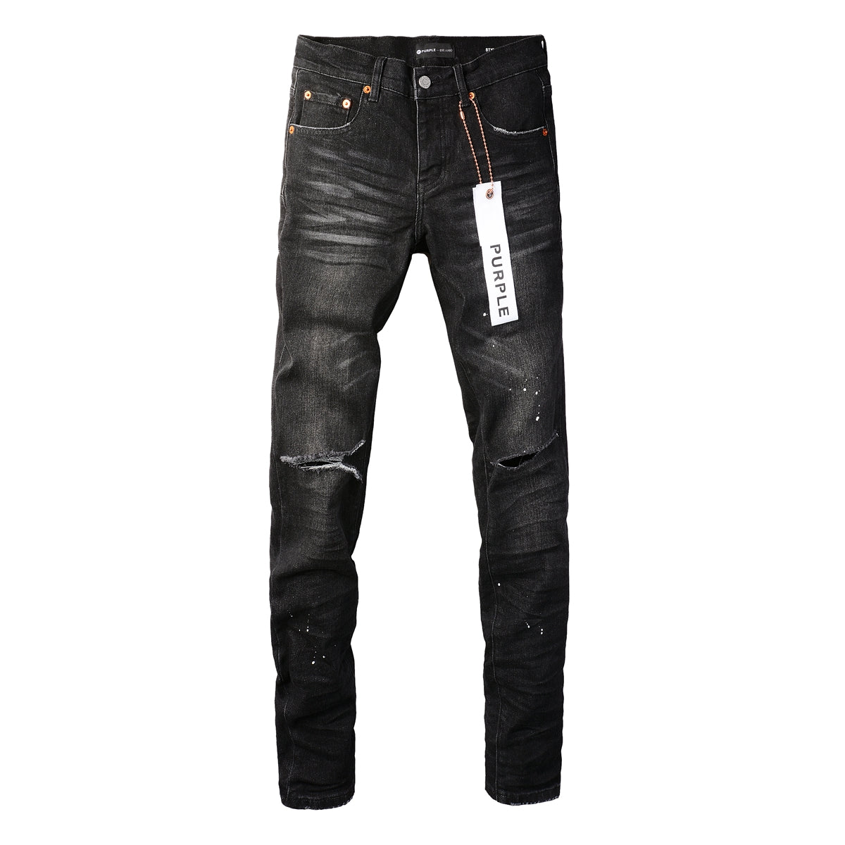 PURPLE Men Streetwear Skinny Jeans Black Wash with Knee Rips and White Paint Specks 9035