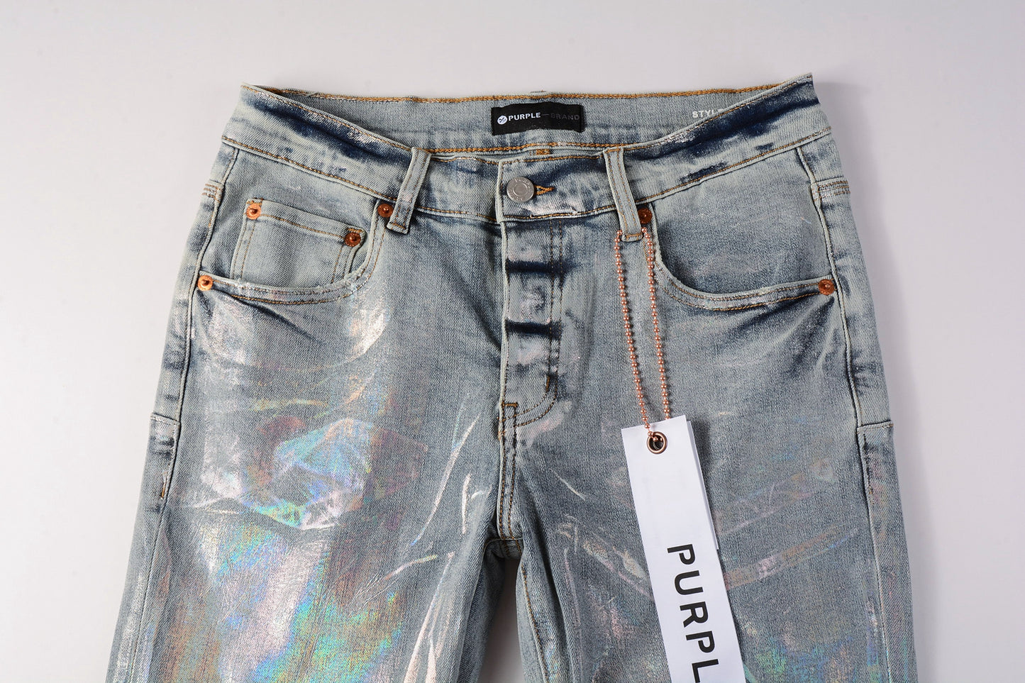 PURPLE Men Streetwear Skinny Jeans Light Blue Wash with Holographic Iridescent Finish 9005