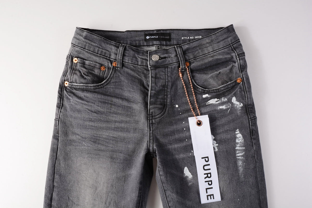 PURPLE Men Streetwear Skinny Jeans Dark Gray Wash with Knee Rips and White Paint Splatter 9039