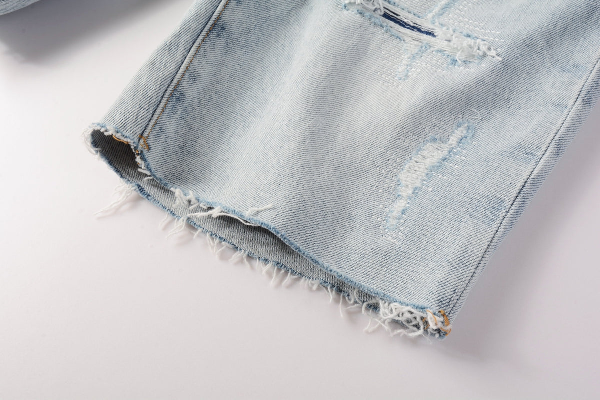 PURPLE Men Streetwear Denim Shorts Light Blue Wash with Distressed Rips and Raw Hem 5088