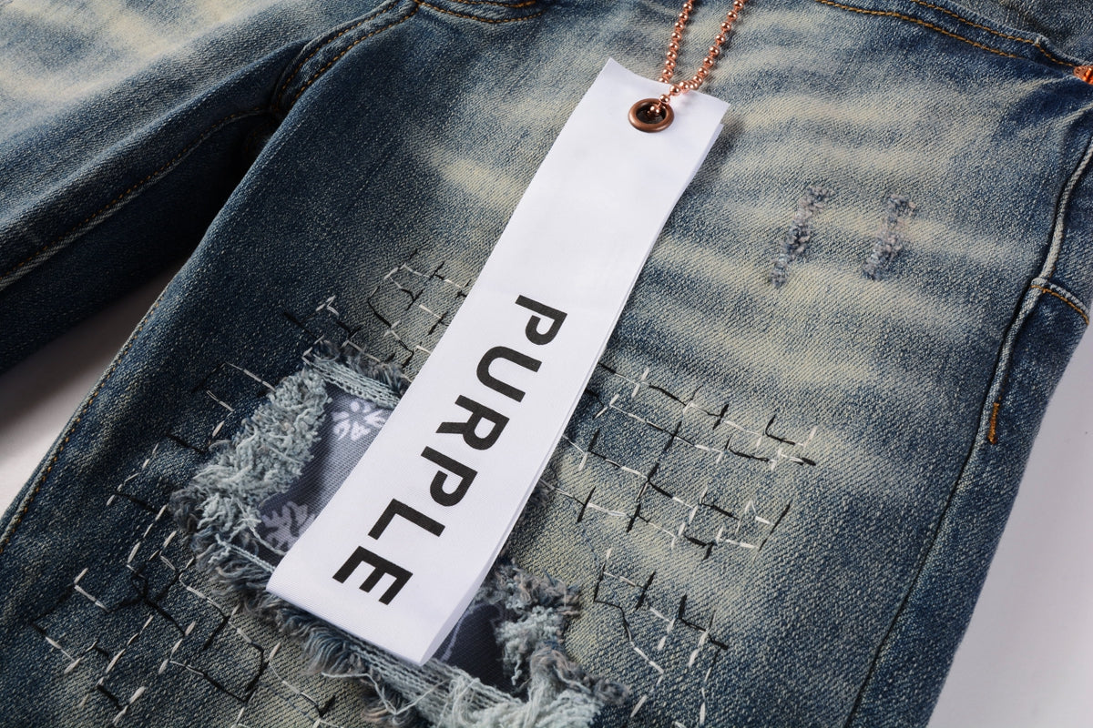 PURPLE Men Streetwear Jeans Distressed Blue PatchPaint skinny Fit 9025