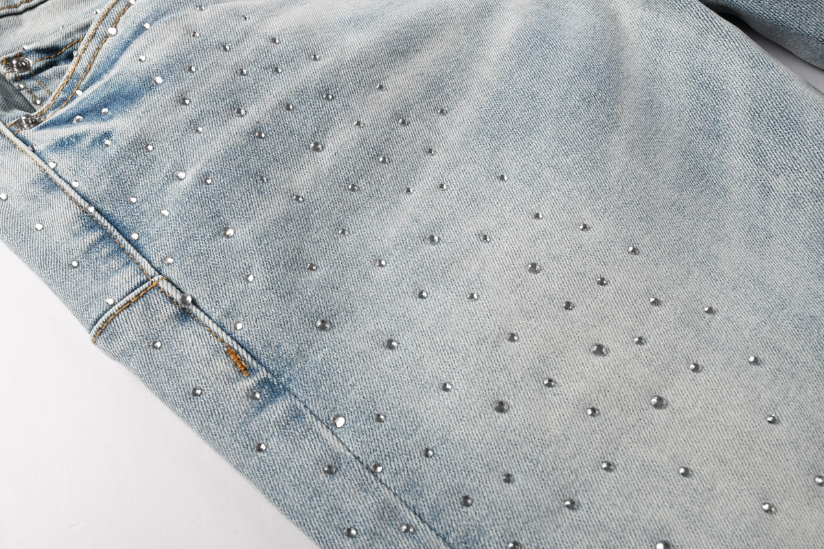 PURPLE Men Streetwear Skinny Jeans Light Blue with Rhinestone Studs and Distressed Details PU9119