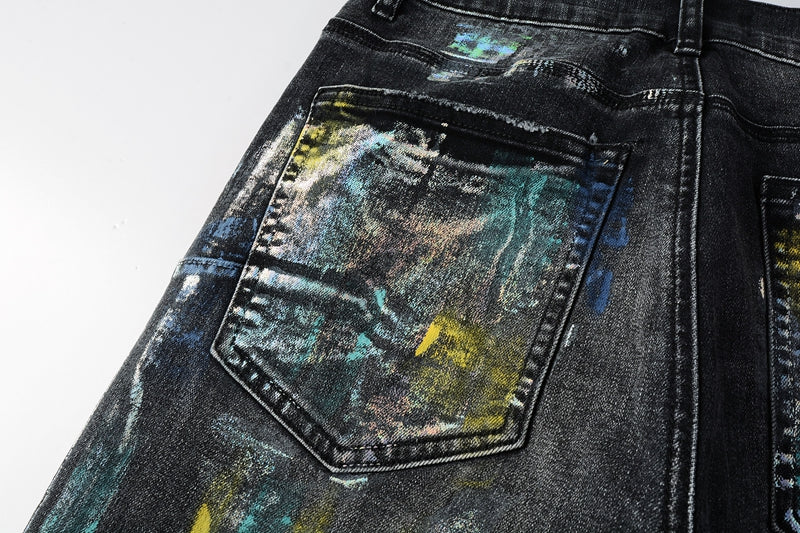 PURPLE Men Streetwear Skinny Jeans Black Wash with Colorful Graffiti Paint Splash 9078