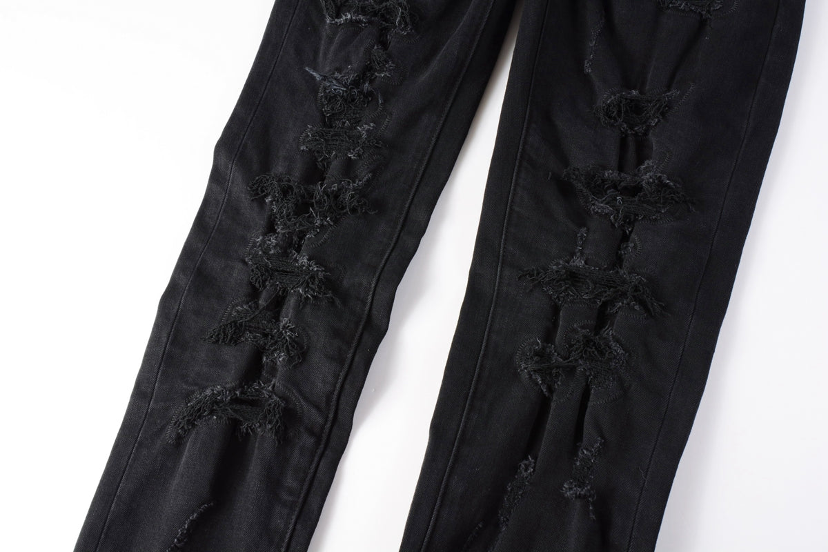 PURPLE Men Distressed Black Skinny Jeans with Heavy Ripped Design and Grunge Streetwear Vibe 9108