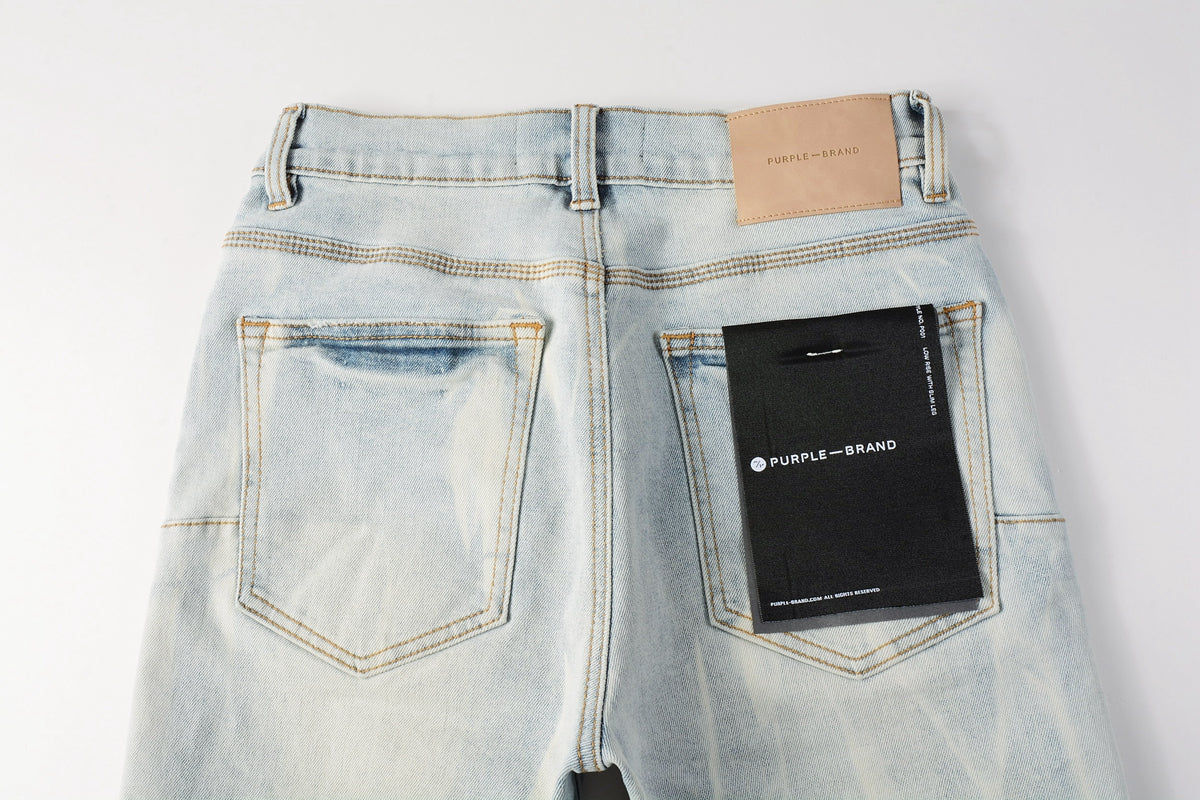 PURPLE Men Streetwear Denim Shorts Light Blue Wash with Washed Distressed Raw Hem 5017