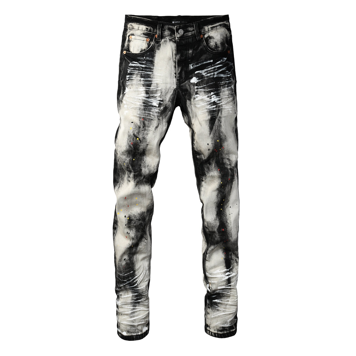PURPLE Men Streetwear Skinny Jeans Black and White Graffiti Wash with Multi Color Paint Splash 9111