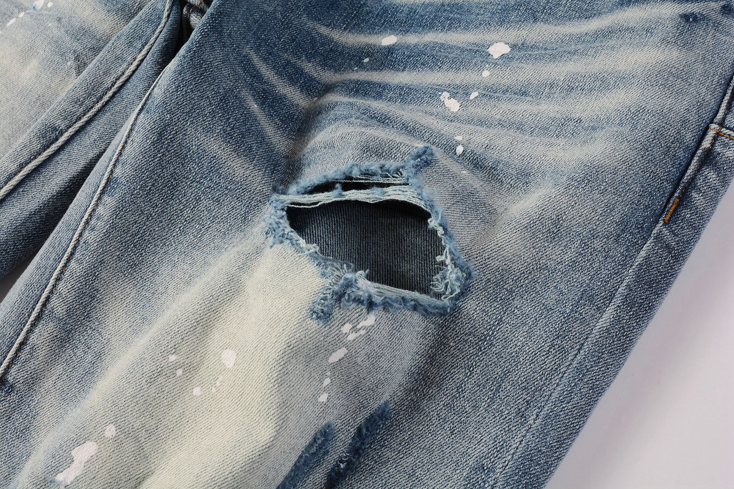 PURPLE Men Streetwear Skinny Jeans Light Blue Wash with Heavy Distressed Rips and White Paint Splatter 9003