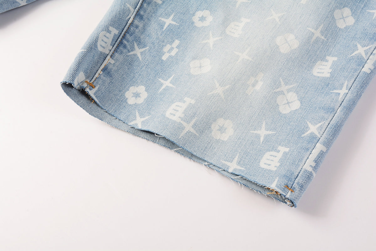 PURPLE Men Streetwear Denim Shorts Light Blue Wash with White Geometric Print and Raw Hem 5089