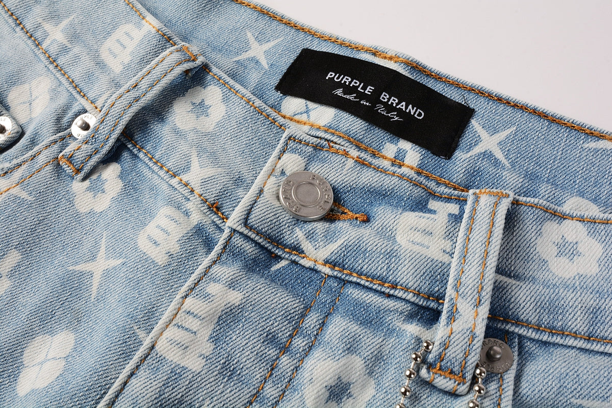 PURPLE Men Streetwear Denim Shorts Light Blue Wash with White Geometric Print and Raw Hem 5089