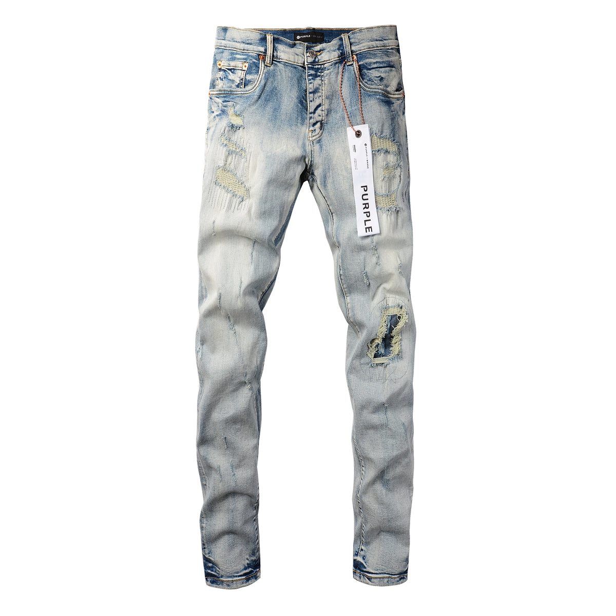 PURPLE Men Streetwear Skinny Jeans Light Blue Wash with Heavy Distressed Rips 9050